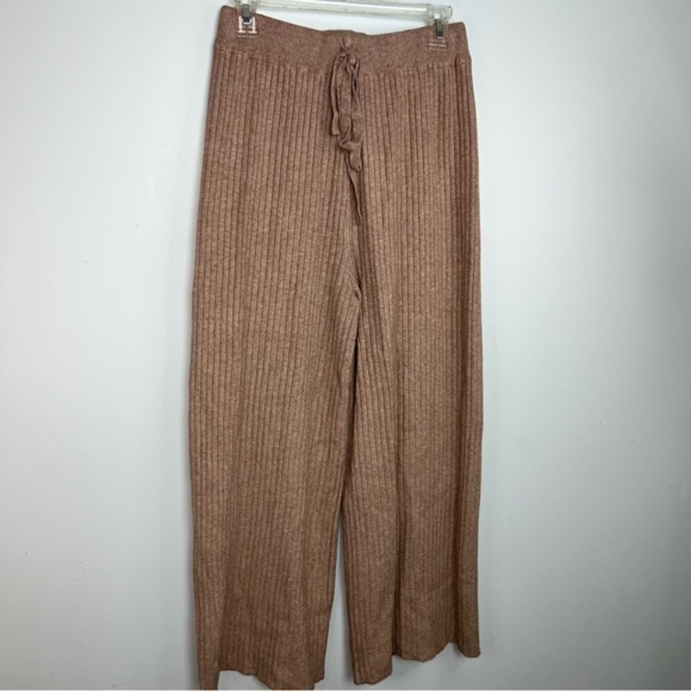 THANNE Taupe Ribbed Knit Wool Blend Wide Leg Lounge Pants Drawstring Size Small